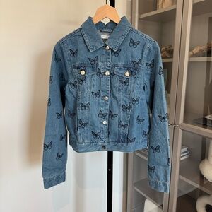Samantha Sipos Good Vibes Only Embroidered Butterfly Denim Leather Jean Jacket S